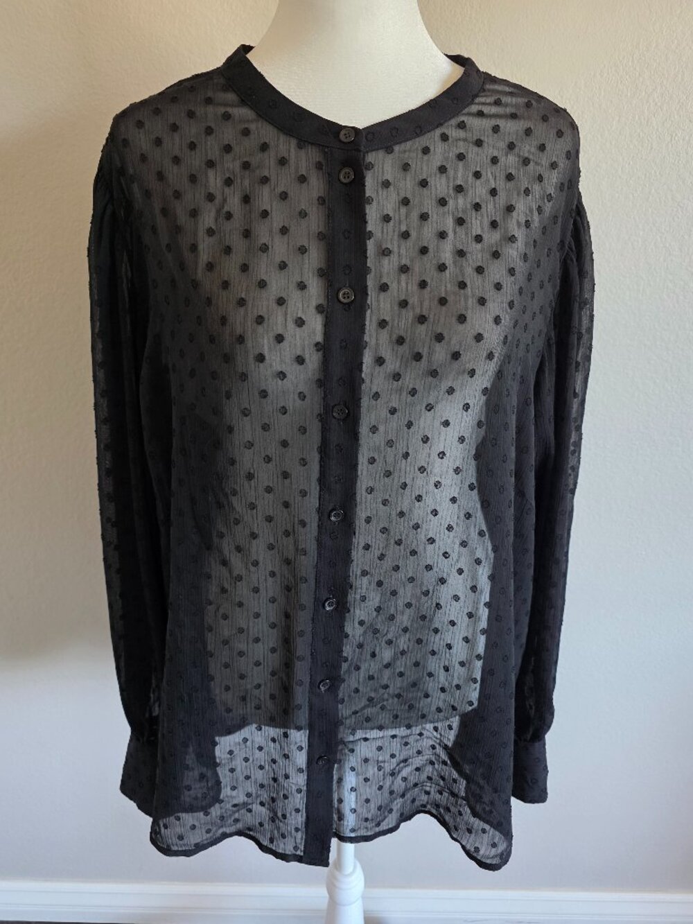 Boden Blouse Top Black Sheer Dot Button Front Size 16 Long Wide Sleeve Chiffon
